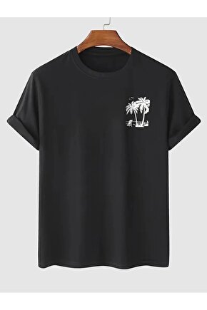 201 Penye Compack Palmiye Ön Baskılı Oversize Bisiklet Yaka Kısa Kol Yazlık T-shirt - Siyah