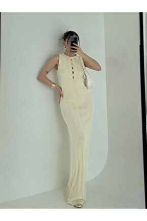 Kalın Fitilli Uzun Triko Elbise - Kırık Beyaz