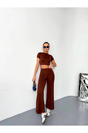 Osy Modal Yumuşak Dokulu Kumaş Kısa Kollu Crop Alt ispanyol Paça Pantalon ikili Takım - Kahverengi