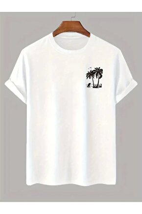 201 Penye Compack Palmiye Ön Baskılı Oversize Bisiklet Yaka Kısa Kol Yazlık T-shirt - Beyaz