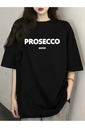 201 Penye Compack Baskılı Oversize Kısa Kol Bisiklet Yaka T-shirt - Siyah