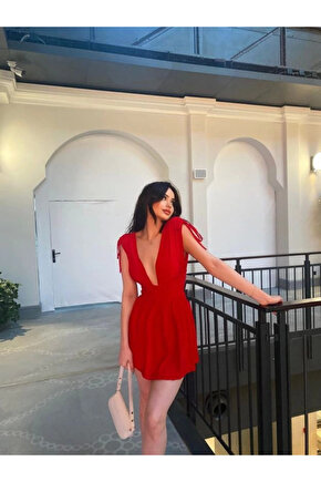 Omuzu Ip Askılı Şortlu Elbise - Kırmızı