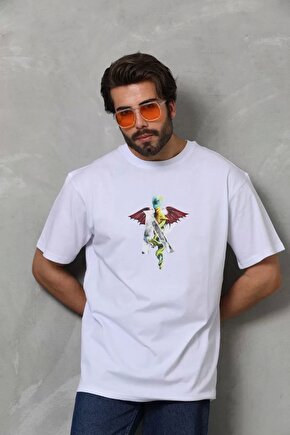 Unisex Bisiklet Yaka Baskılı Oversize T-Shirt - Beyaz