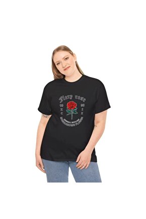 Unisex Kadın Bisiklet Yaka Baskılı T-Shirt - Siyah