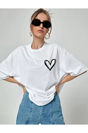 Unisex Baskılı Oversize T-Shirt - Beyaz