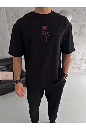 Unisex Bisiklet Yaka Baskılı Oversize T-Shirt - Siyah