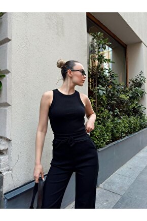 Kadın Kaşkorse Kumaş Atlet Ve Yüksek Bel Bol Paça Pantolon Ikili Takım