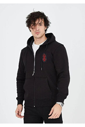 Unisex Baskılı Tam Fermuarlı Kapşonlu SweatShirt - Siyah