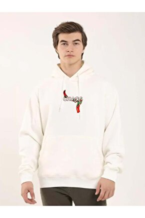 Unisex Baskılı Oversize Üç İplik Kapüşonlu Sweatshirt - Beyaz