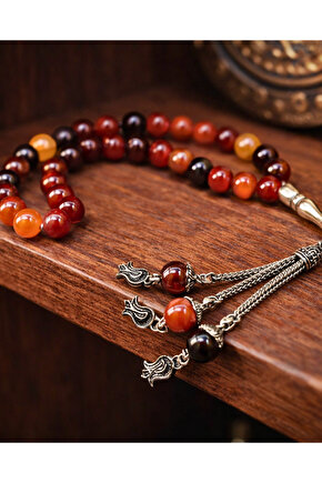 Doğal Akik Taşı Tesbih | El Yapımı | Gümüş Kaplama Püskül| Otantik Tasarım