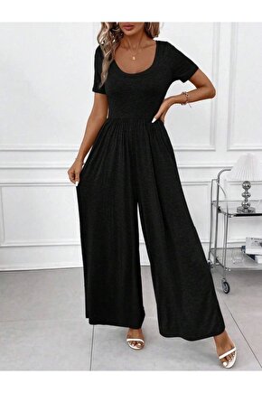 Kadın Kısa Kollu Yuvarlak Yaka Geniş Paçalı Bürümcük Tulum