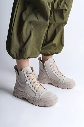 AMBER Bağcıklı Fermuarlı Ortopedik TabanKadın Bot KT - Krem