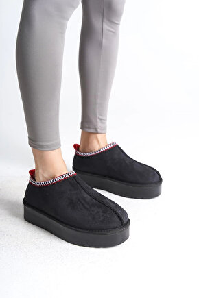 LEILA Bağcıksız Düz ve Kalın Taban İçi Kürklü Kısa Süet Kadın Bot SST - Siyah