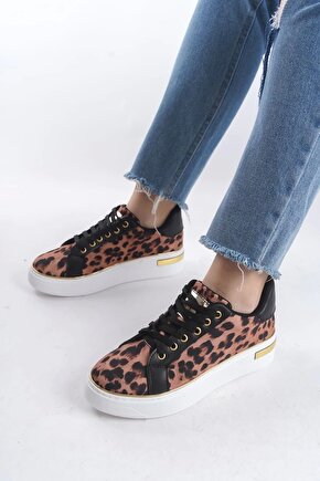 MINA Bağcıklı Ortopedik Taban Leopar Desenli Kadın Sneaker Spor Ayakkabı TBT - Kahverengi
