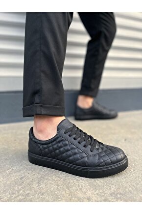 JY166 Prestige Bağcıklı Cilt Kapitone Desenli Erkek Günlük Sneaker Ayakkabı CST - Siyah