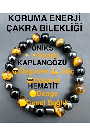 Sertifikalı Koruma Enerji Güç Denge Çakra Bilekligi Kaplangözü-oniks-hematit Birleşimi