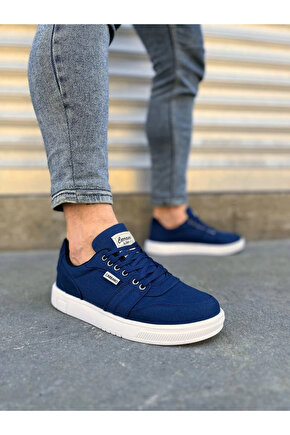 JY0118 REX Bağcıklı Keten Kumaş Erkek Günlük Sneaker Ayakkabı KBT - Lacivert