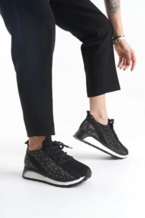 ALYA Bağcıklı Ortopedik Taban Taşlı Kadın Sneaker Spor Ayakkabı CBT - Siyah
