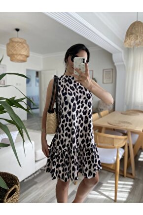 Kadın Kolsuz Sırttan Bağlamalı Fırfırlı Leopar Desenli Süprem Elbise
