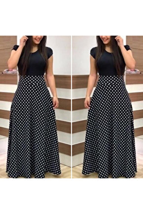 Kadın Kısa Kollu Puan Desen Tam Boy Krep Elbise