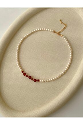 Sertifikalı Gerçek İnci Ve Akik Doğal Taş Tasarım Kolye 45 Cm