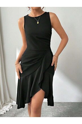 Kadın Askılı Bisiklet Yaka önden Fırfırlı Kısa Ithal Krep Elbise