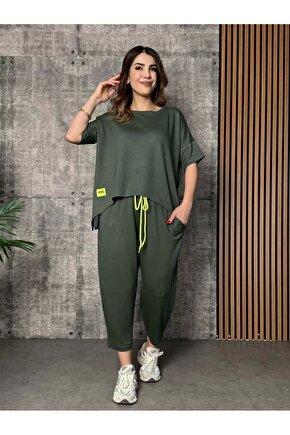 Kadın Kısa Kollu Bisiklet Yaka Viskon Iki Iplik Bluz Ve Pantolon Ikili Takım