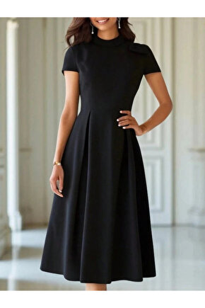 MDB Kadın Kısa Kollu Yarı Balıkçı Yaka Pileli Janjan Krep Midi Elbise