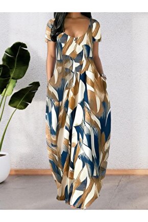 Kadın Kısa Kollu Yuvarlak Yaka Cepli Salaş Baskılı Süprem Elbise