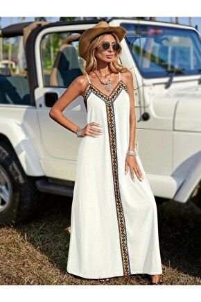 Kadın Askılı V Yakalı Etnik şerit Detaylı Uzun Viskon Elbise