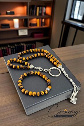 8 MM HAKİKİ KAPLAN GÖZÜ TAŞINDAN ERKEK HEDİYELİK BİLEKLİK-33 LÜ TESBİH VE ANAHTARLIK ÜÇLÜ SET