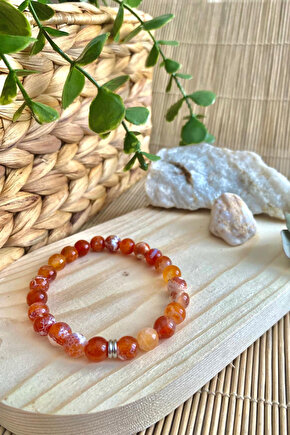 Turuncu Akik Doğal Taş Unisex Bileklik 8mm - Gümüş Halka