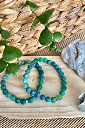 Yeşil Buzlu Akik Doğal Taş Unisex Bileklik 8mm - Altın Halka