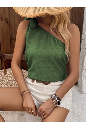 Kadın Tek Omuzdan Askılı Bağcıklı Keten Bluz