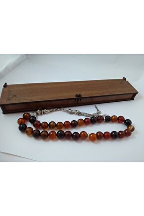 Kızıl Kahve Akik Taşı Tespih Ahşap Kutulu  10 Mm Doğaltaş Tespih