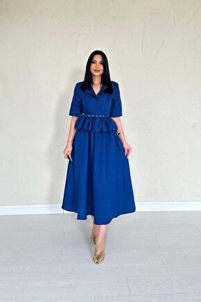 Lacivert İnce Kemerli Fırfırlı Ceket Ve Büzgülü Etek Takım