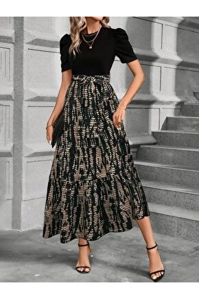 Kadın Kısa Kollu Bisiklet Yaka üst Ithal Krep Alt Süprem Maksi Boy Elbise