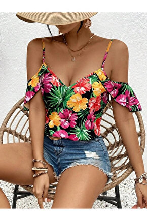 Kadın Askılı Omuzlardan Açık çiçek Baskılı Bluz