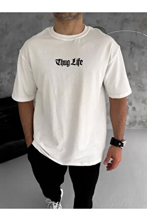 Unisex Bisiklet Yaka Baskılı Oversize T-Shirt - Beyaz