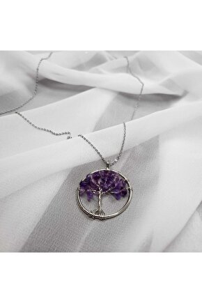 Unisex Mor Ametist Hayat Ağacı Doğal Taş Kolye