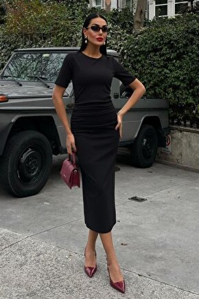 Beli Büzgülü Midi Elbise 2853