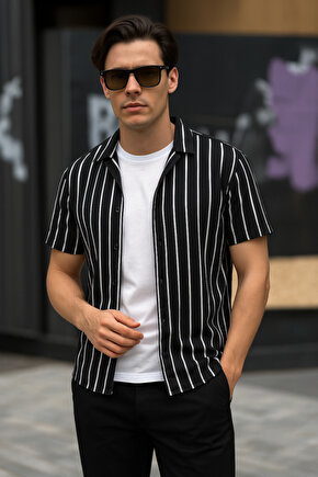 Edolika Erkek Kısa Kollu Beyaz çizgi Desenli örme Kumaş Pamuklu Gömlek