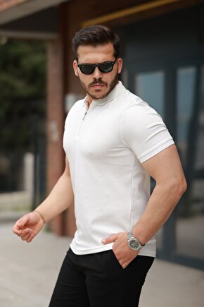 munn collection Erkek Fermuarlı Yaka Kısa Kollu Tişört