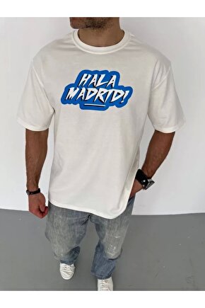 Unisex Bisiklet Yaka Baskılı Oversize T-Shirt - Beyaz