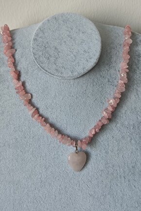 Sertifikalı Pembe Kuvars Kırıktaş Doğaltaş Kalp Kolye