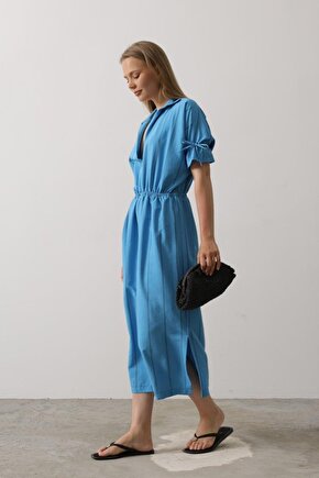munn collection Beli Lastikli Elbise - Mavi