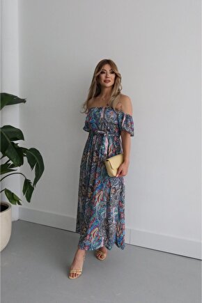 MODAVERA Kadın Kısa Kollu Madonna Yaka Fırfırlı Belden Yırtmaçlı Maksi Süprem Elbise