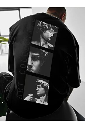 Baskılı Oversize Bisiklet Yaka T-shirt - Siyah