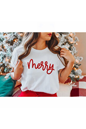 Merry Baskılı T-shirt - Beyaz