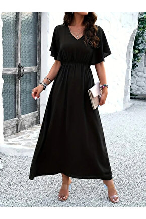 Kadın Kısa Kollu V Yakalı Beli Lastikli Uzun Viskon Elbise